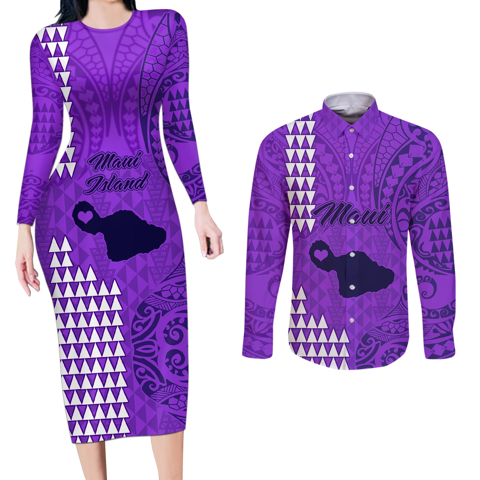 Maui Island Couples Matching Long Sleeve Bodycon Dress and Long Sleeve Button Shirts Kakau Tribal Mixed Polynesian Pattern Purple LT9 Purple - Polynesian Pride