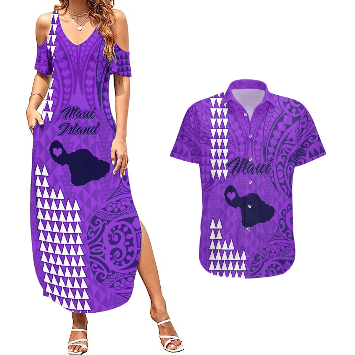Maui Island Couples Matching Summer Maxi Dress and Hawaiian Shirt Kakau Tribal Mixed Polynesian Pattern Purple LT9 Purple - Polynesian Pride