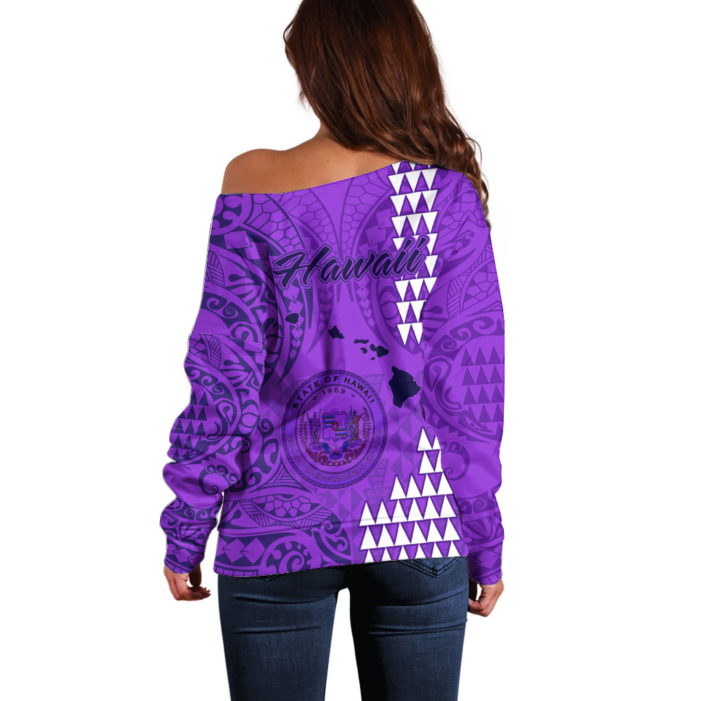 Maui Island Off Shoulder Sweater Kakau Tribal Mixed Polynesian Pattern Purple LT9 - Polynesian Pride