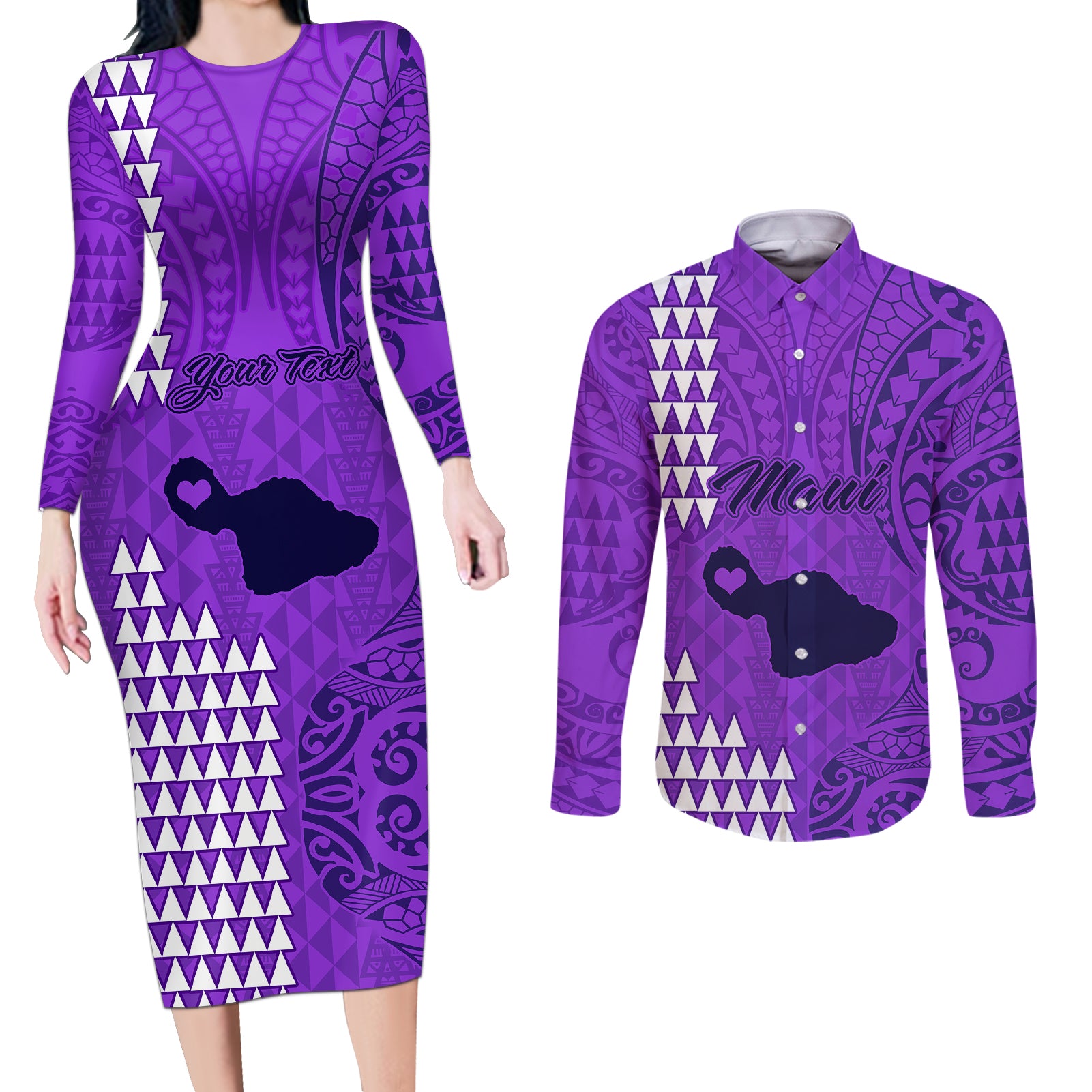 Personalised Maui Island Couples Matching Long Sleeve Bodycon Dress and Long Sleeve Button Shirts Kakau Tribal Mixed Polynesian Pattern Purple LT9 Purple - Polynesian Pride