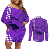 Personalised Maui Island Couples Matching Off Shoulder Short Dress and Long Sleeve Button Shirts Kakau Tribal Mixed Polynesian Pattern Purple LT9 Purple - Polynesian Pride