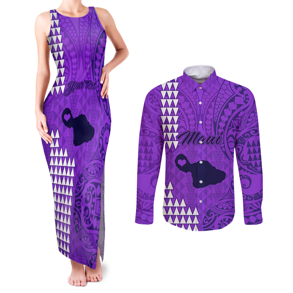 Personalised Maui Island Couples Matching Tank Maxi Dress and Long Sleeve Button Shirts Kakau Tribal Mixed Polynesian Pattern Purple LT9 Purple - Polynesian Pride