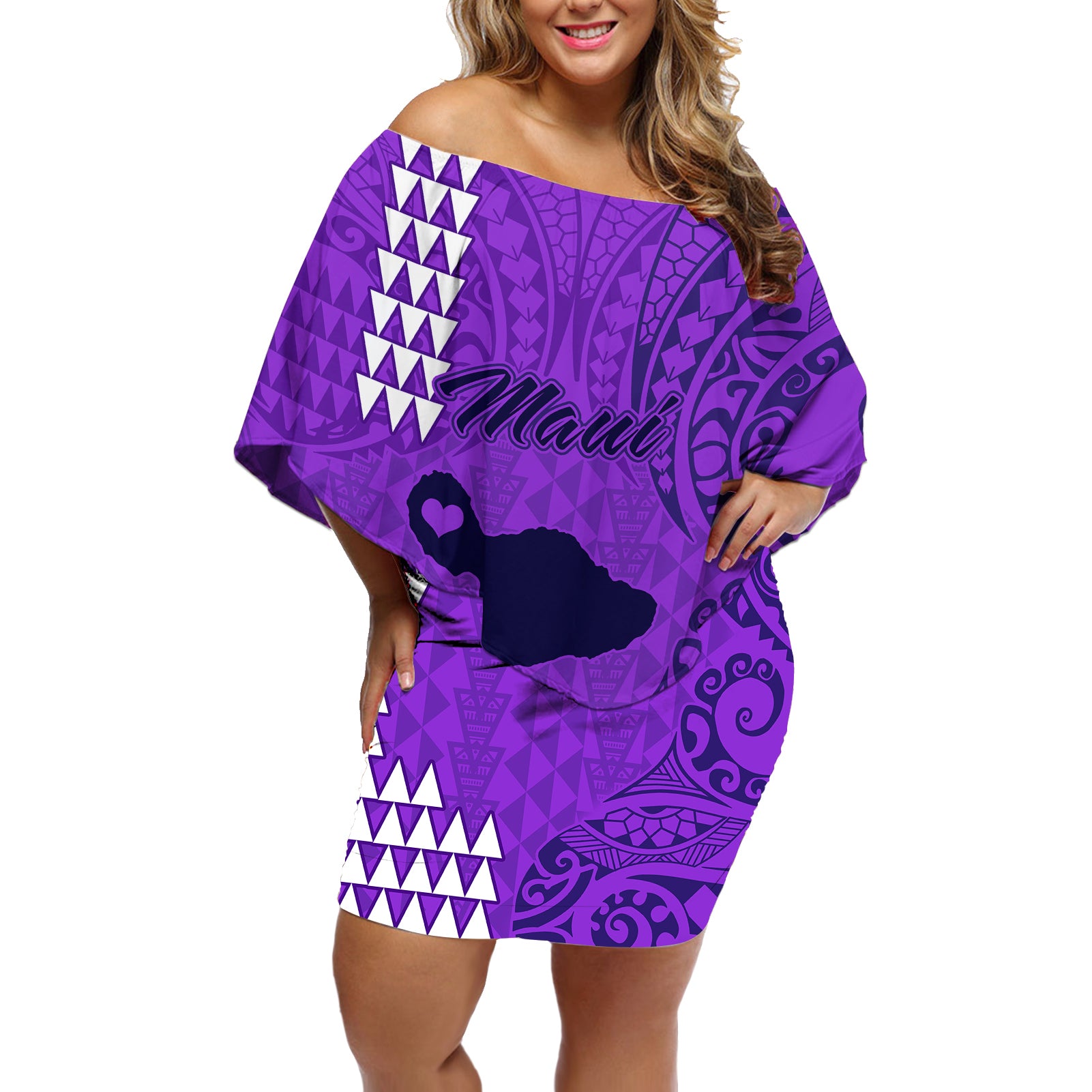 Personalised Maui Island Off Shoulder Short Dress Kakau Tribal Mixed Polynesian Pattern Purple LT9 Women Purple - Polynesian Pride