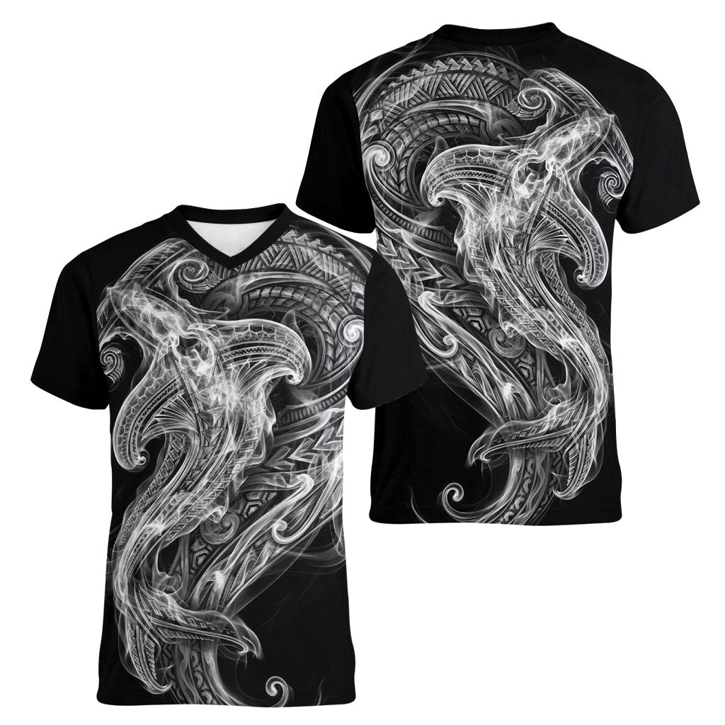Pango Maori Tribal Hammershark Ghost Spirit Women V-Neck T-Shirt