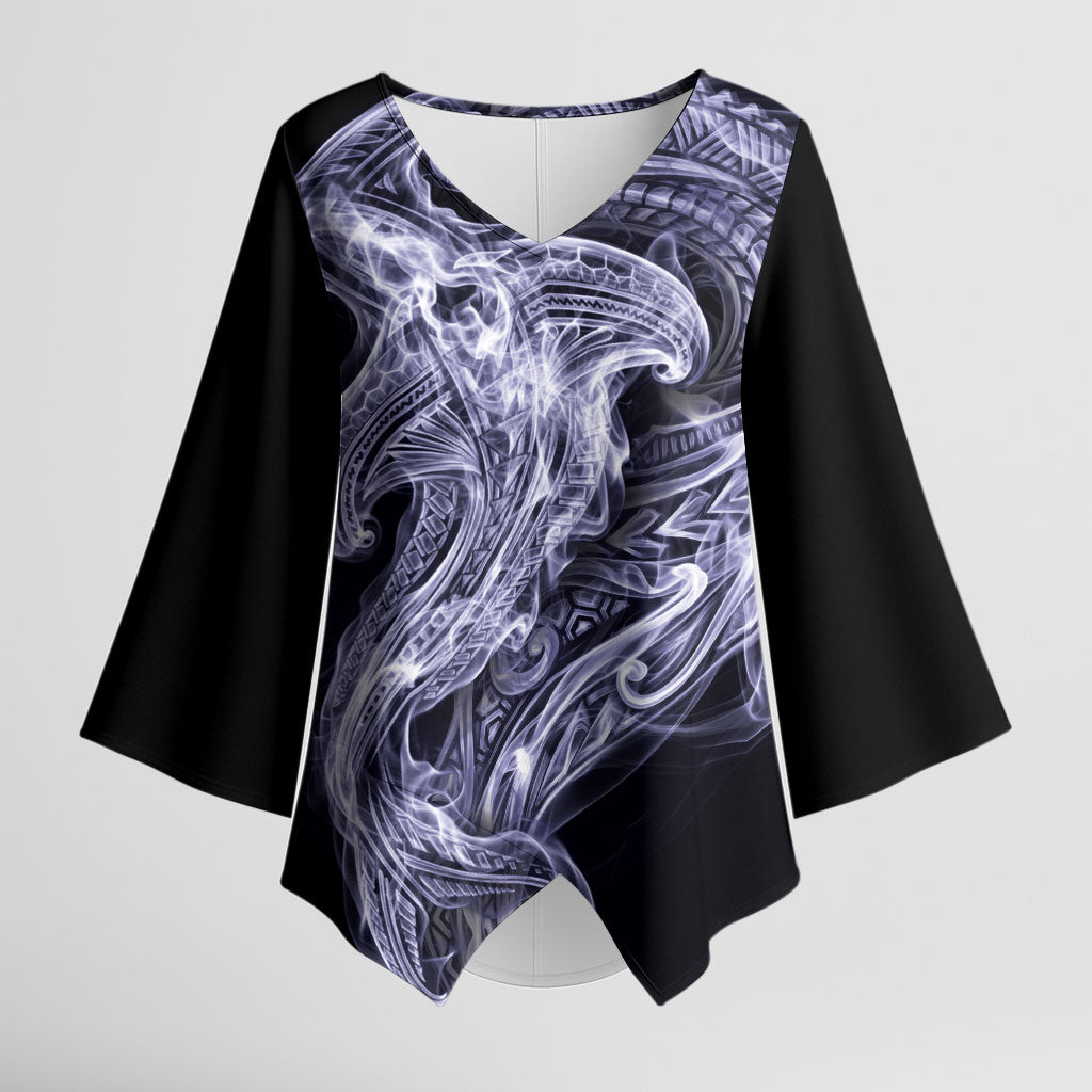 Kikorangi Maori Tribal Hammershark Ghost Spirit Kimono Sleeve Blouse
