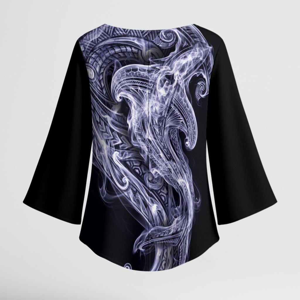 Kikorangi Maori Tribal Hammershark Ghost Spirit Kimono Sleeve Blouse