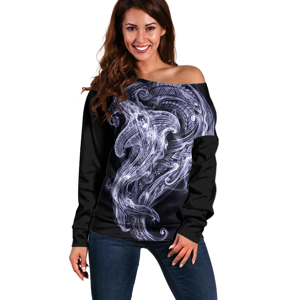 Kikorangi Maori Tribal Hammershark Ghost Spirit Off Shoulder Sweater