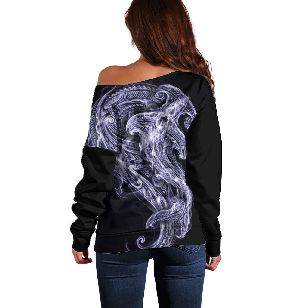Kikorangi Maori Tribal Hammershark Ghost Spirit Off Shoulder Sweater