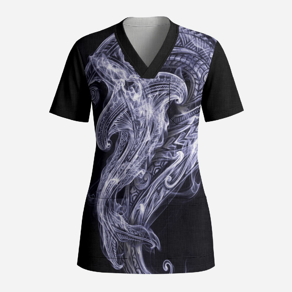 Kikorangi Maori Tribal Hammershark Ghost Spirit Scrub Top