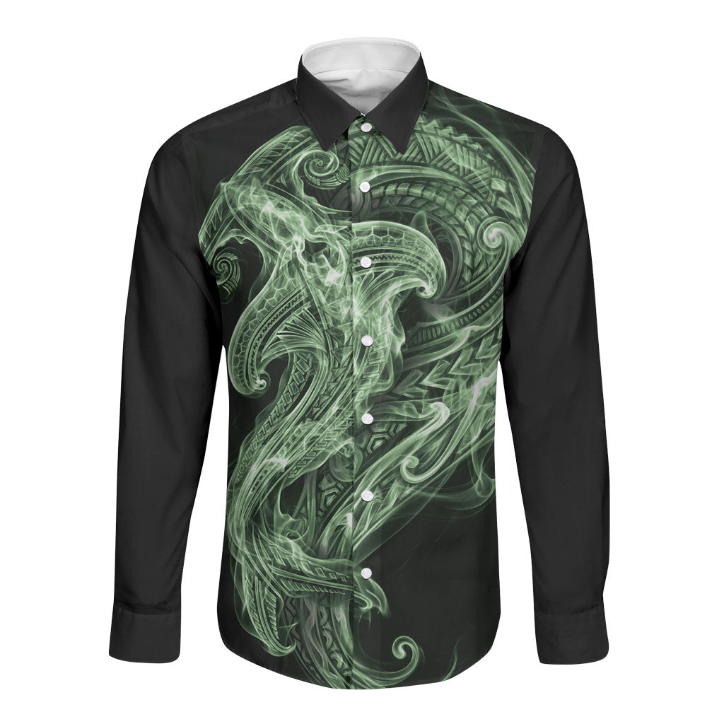 Pounamu Maori Tribal Hammershark Ghost Spirit Long Sleeve Button Shirt