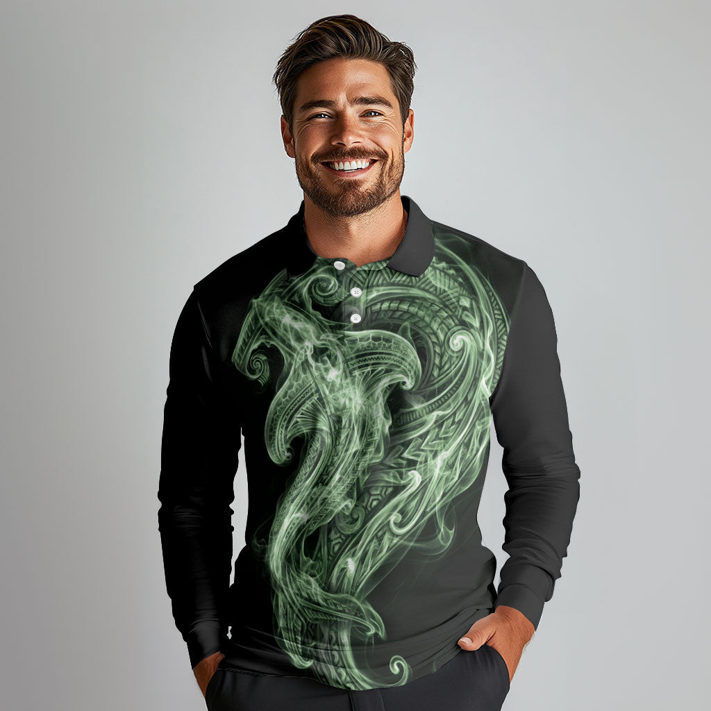 Pounamu Maori Tribal Hammershark Ghost Spirit Long Sleeve Polo Shirt