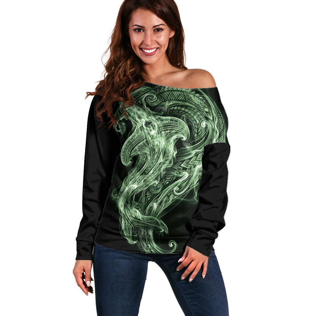 Pounamu Maori Tribal Hammershark Ghost Spirit Off Shoulder Sweater