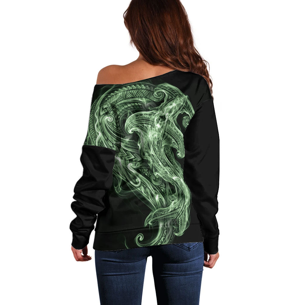 Pounamu Maori Tribal Hammershark Ghost Spirit Off Shoulder Sweater