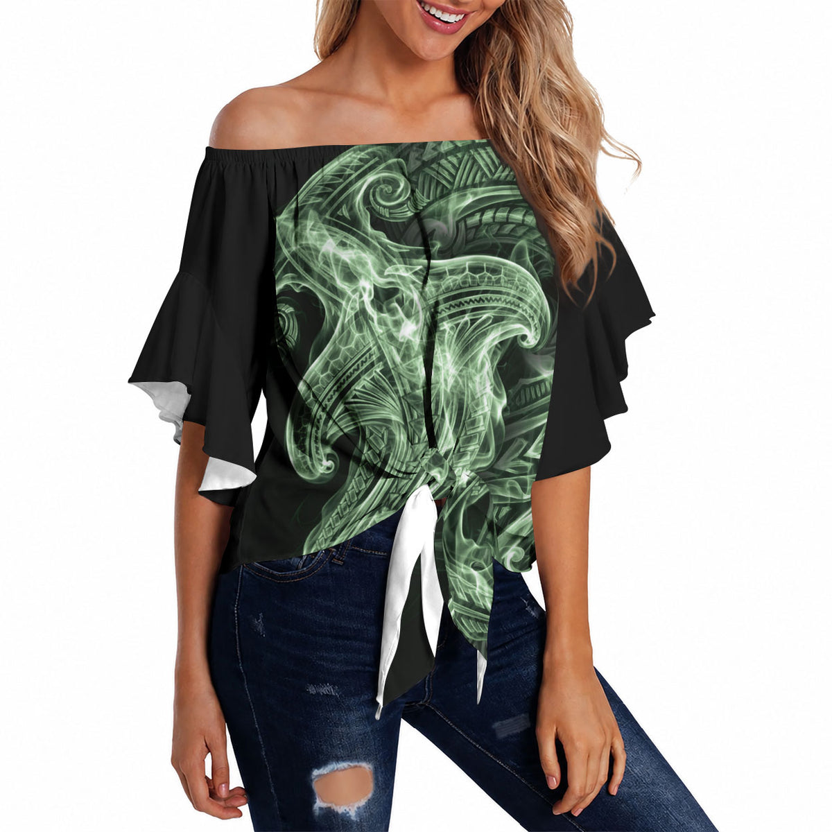 Pounamu Maori Tribal Hammershark Ghost Spirit Off Shoulder Wrap Waist Top
