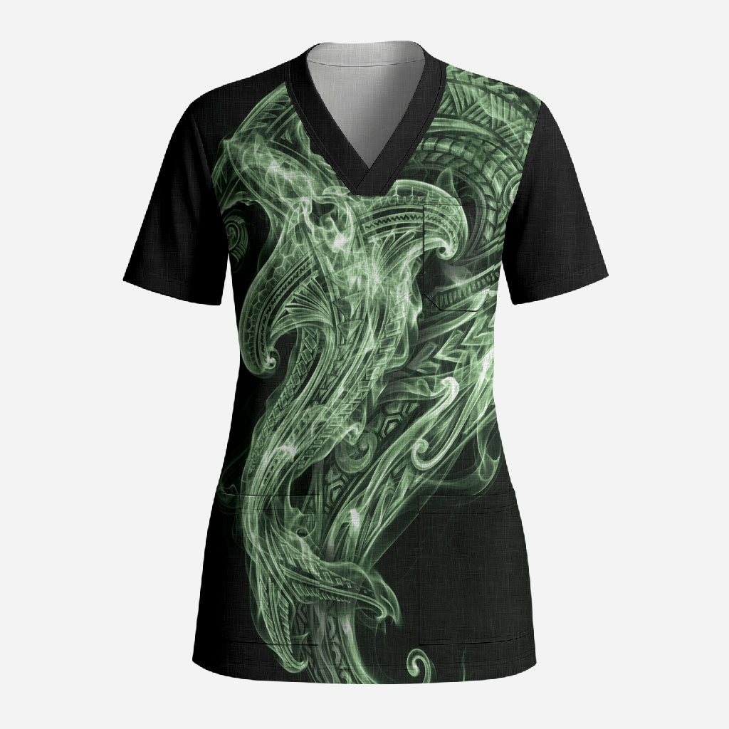 Pounamu Maori Tribal Hammershark Ghost Spirit Scrub Top