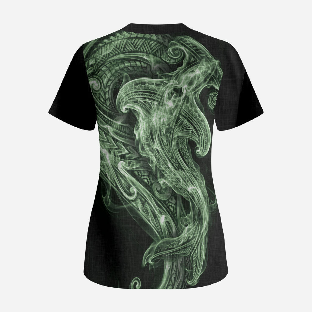 Pounamu Maori Tribal Hammershark Ghost Spirit Scrub Top