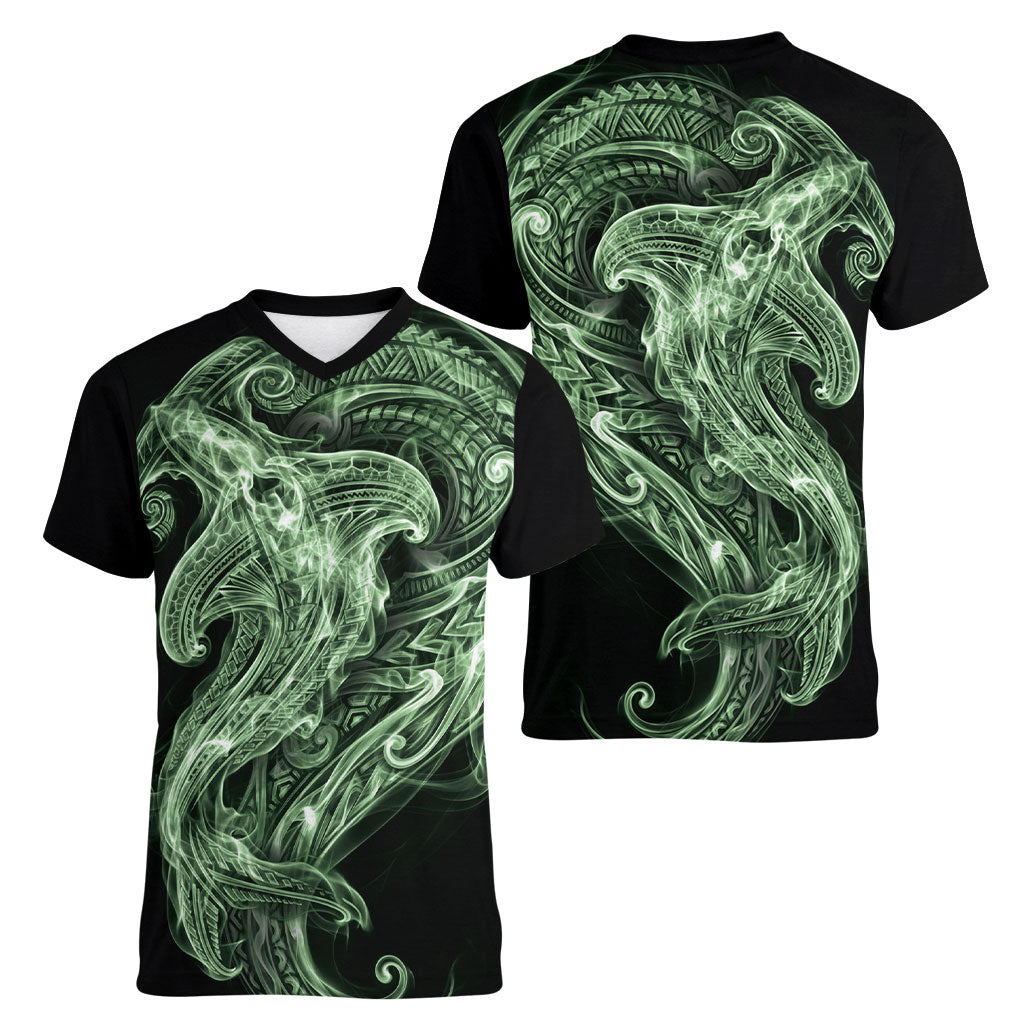 Pounamu Maori Tribal Hammershark Ghost Spirit Women V-Neck T-Shirt
