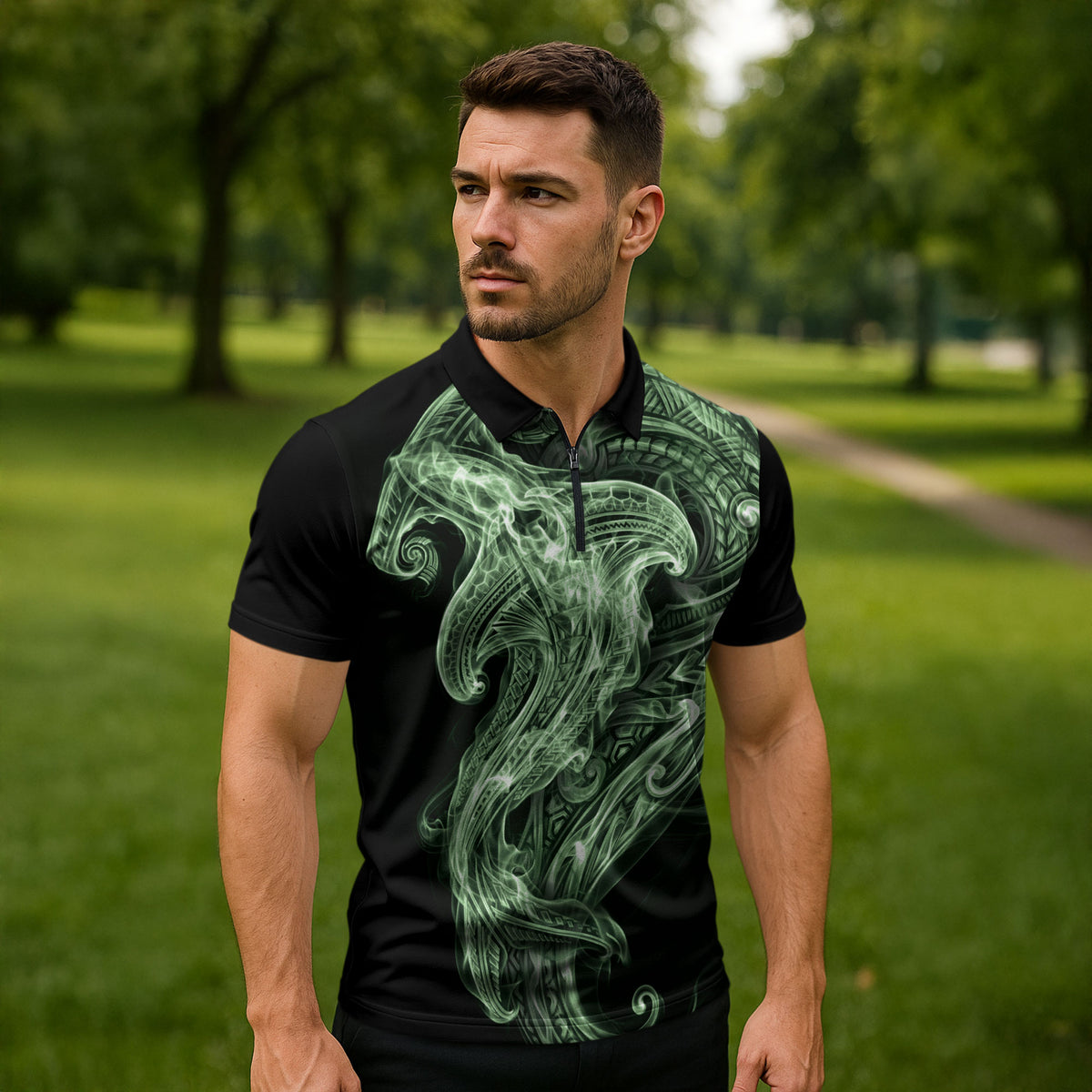 Pounamu Maori Tribal Hammershark Ghost Spirit Zipper Polo Shirt