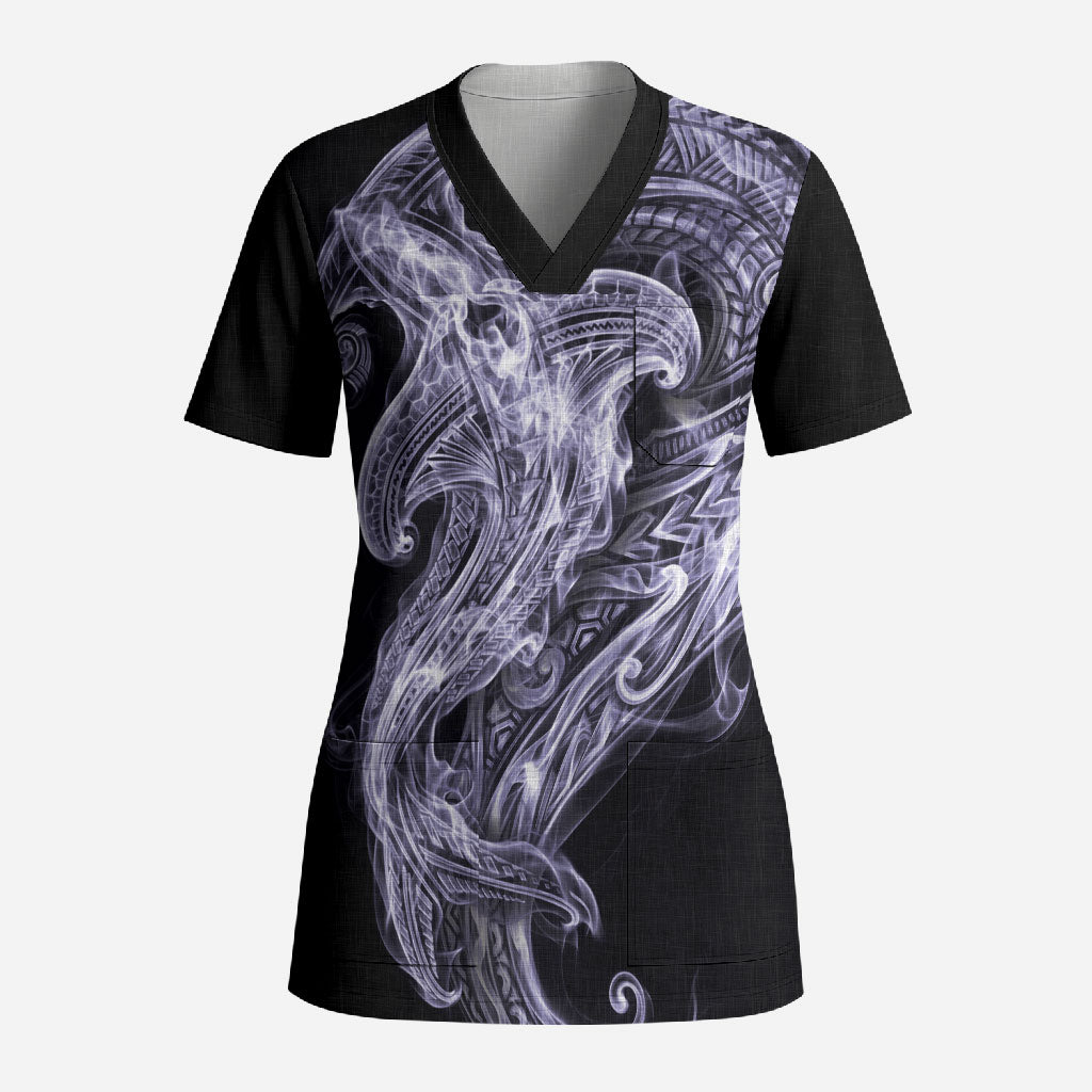 Waiporoporo Maori Tribal Hammershark Ghost Spirit Scrub Top