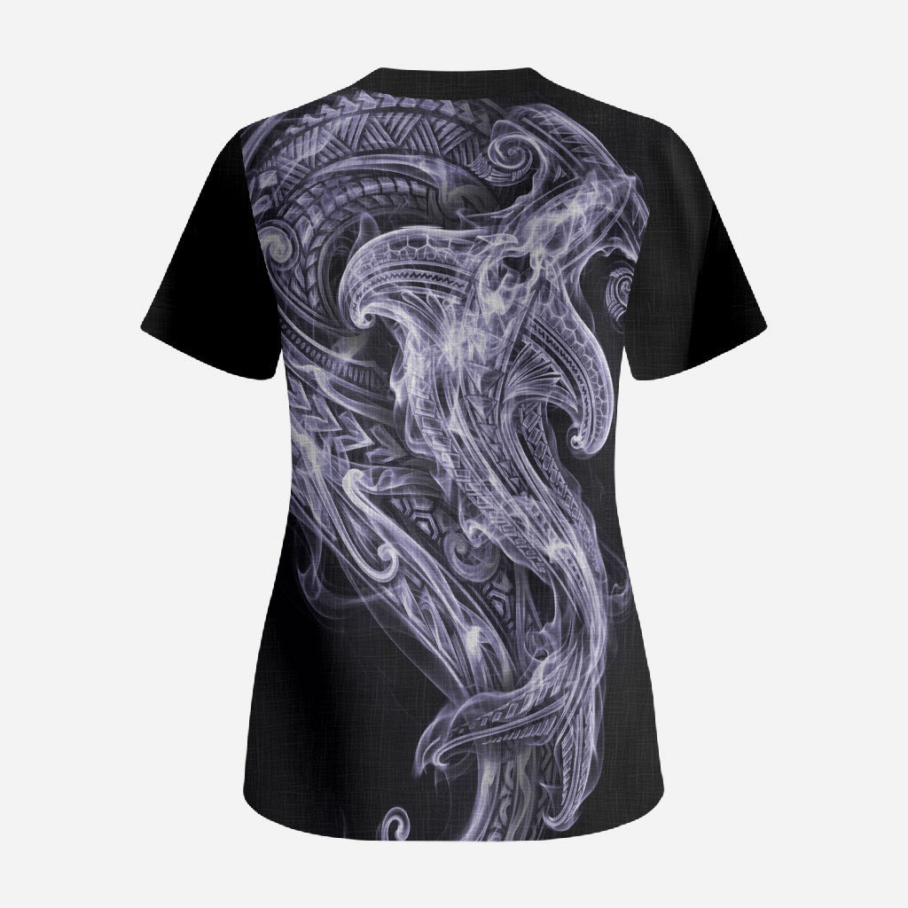 Waiporoporo Maori Tribal Hammershark Ghost Spirit Scrub Top