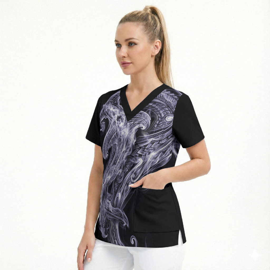 Waiporoporo Maori Tribal Hammershark Ghost Spirit Scrub Top