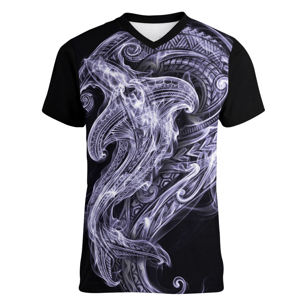 Waiporoporo Maori Tribal Hammershark Ghost Spirit Women V-Neck T-Shirt