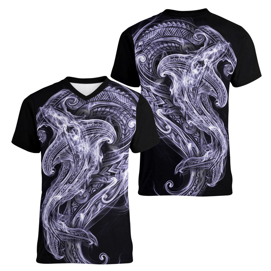 Waiporoporo Maori Tribal Hammershark Ghost Spirit Women V-Neck T-Shirt