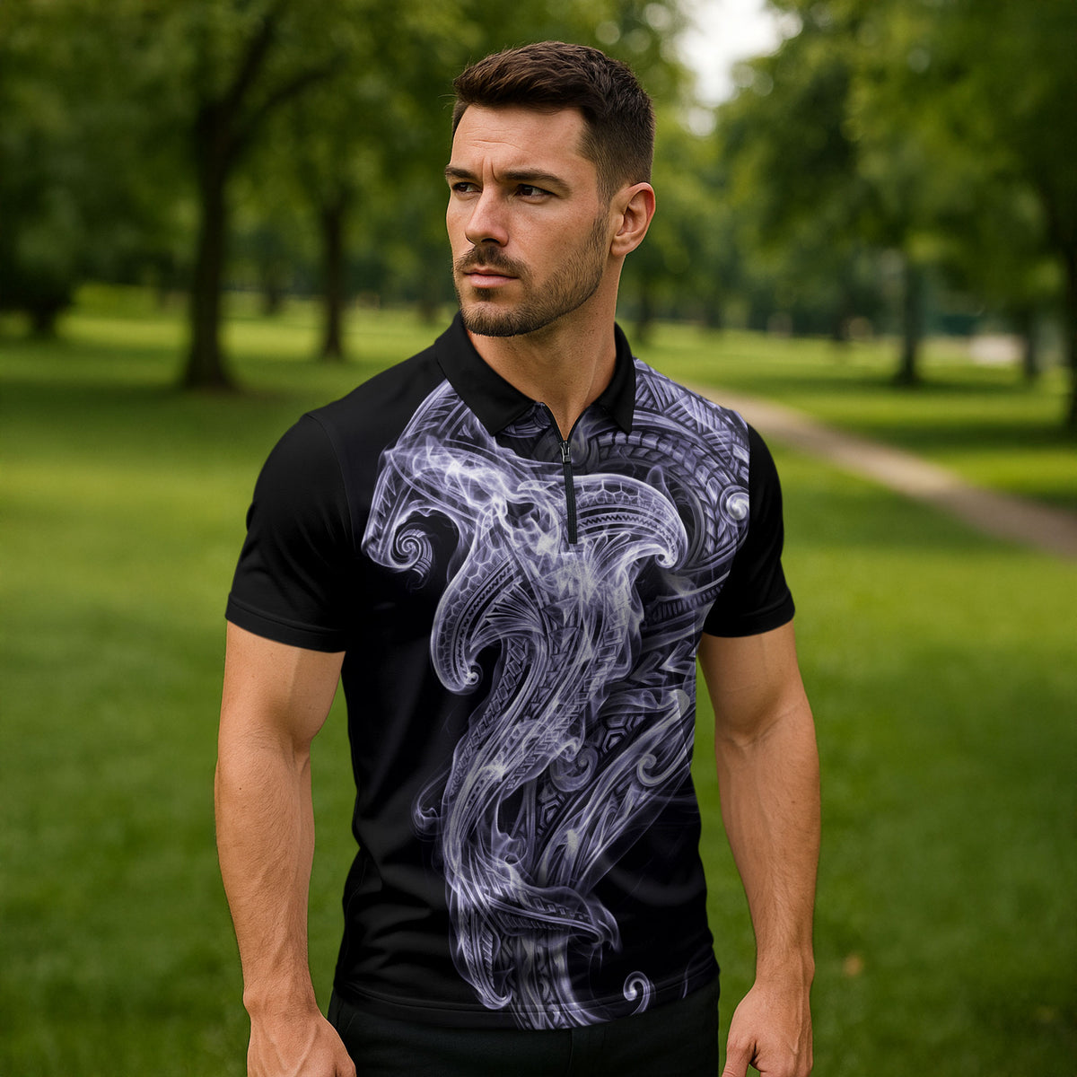 Waiporoporo Maori Tribal Hammershark Ghost Spirit Zipper Polo Shirt