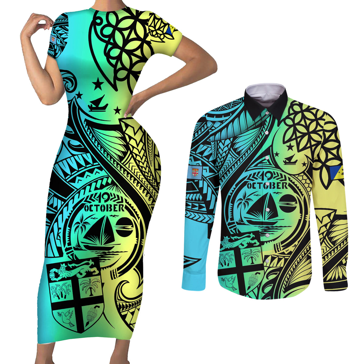 malampa-fiji-day-couples-matching-short-sleeve-bodycon-dress-and-long-sleeve-button-shirts-vanuatu-sand-drawing-with-polynesian-pattern
