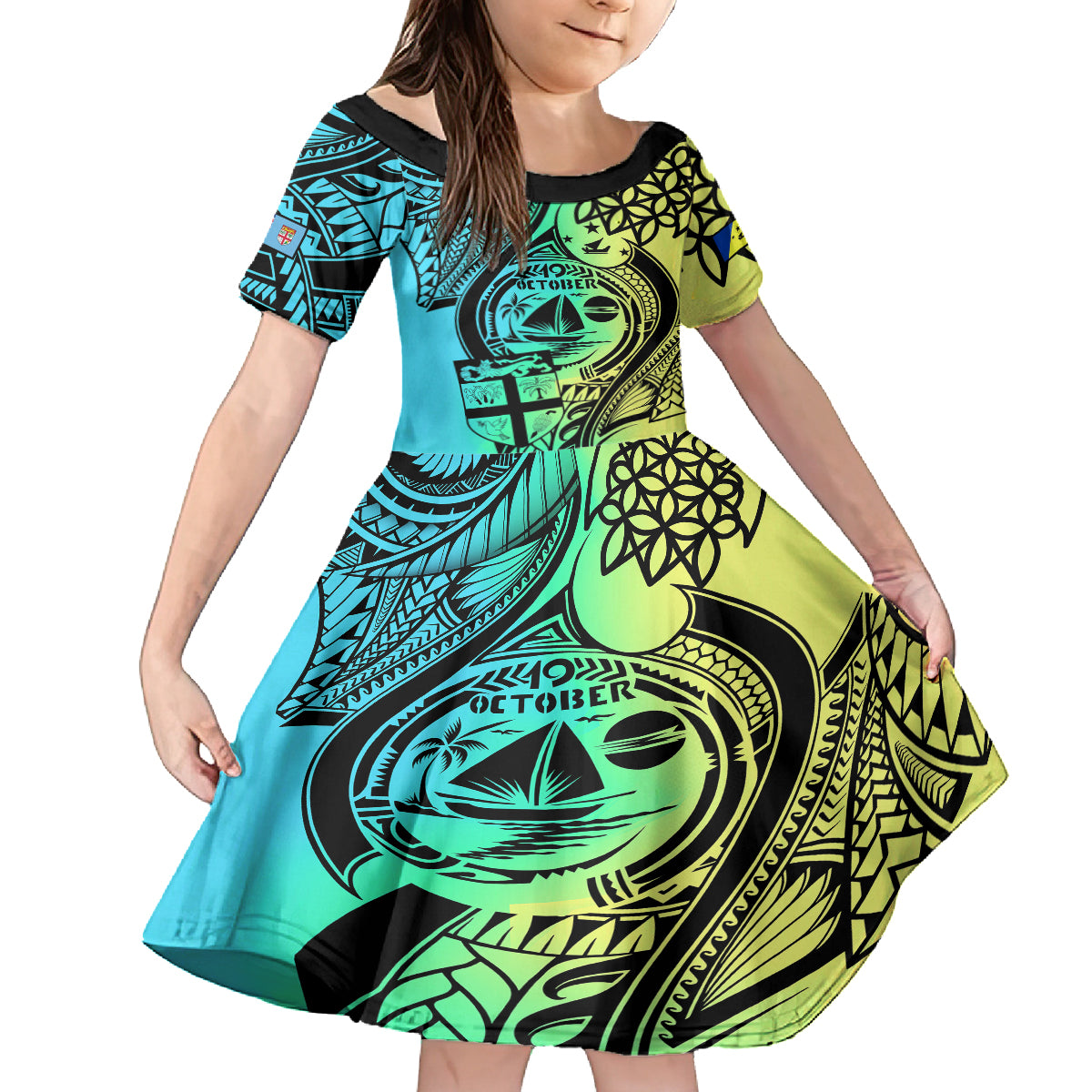 Malampa Fiji Day Family Matching Off Shoulder Maxi Dress and Hawaiian Shirt Vanuatu Sand Drawing With Polynesian Pattern LT9 Daughter's Dress Black - Polynesian Pride