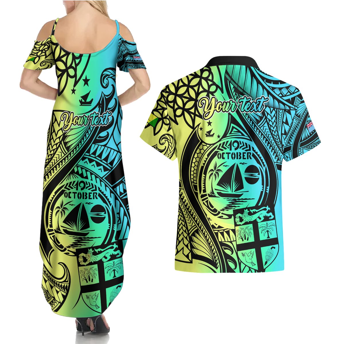 personalised-malampa-fiji-day-couples-matching-summer-maxi-dress-and-hawaiian-shirt-vanuatu-sand-drawing-with-polynesian-pattern