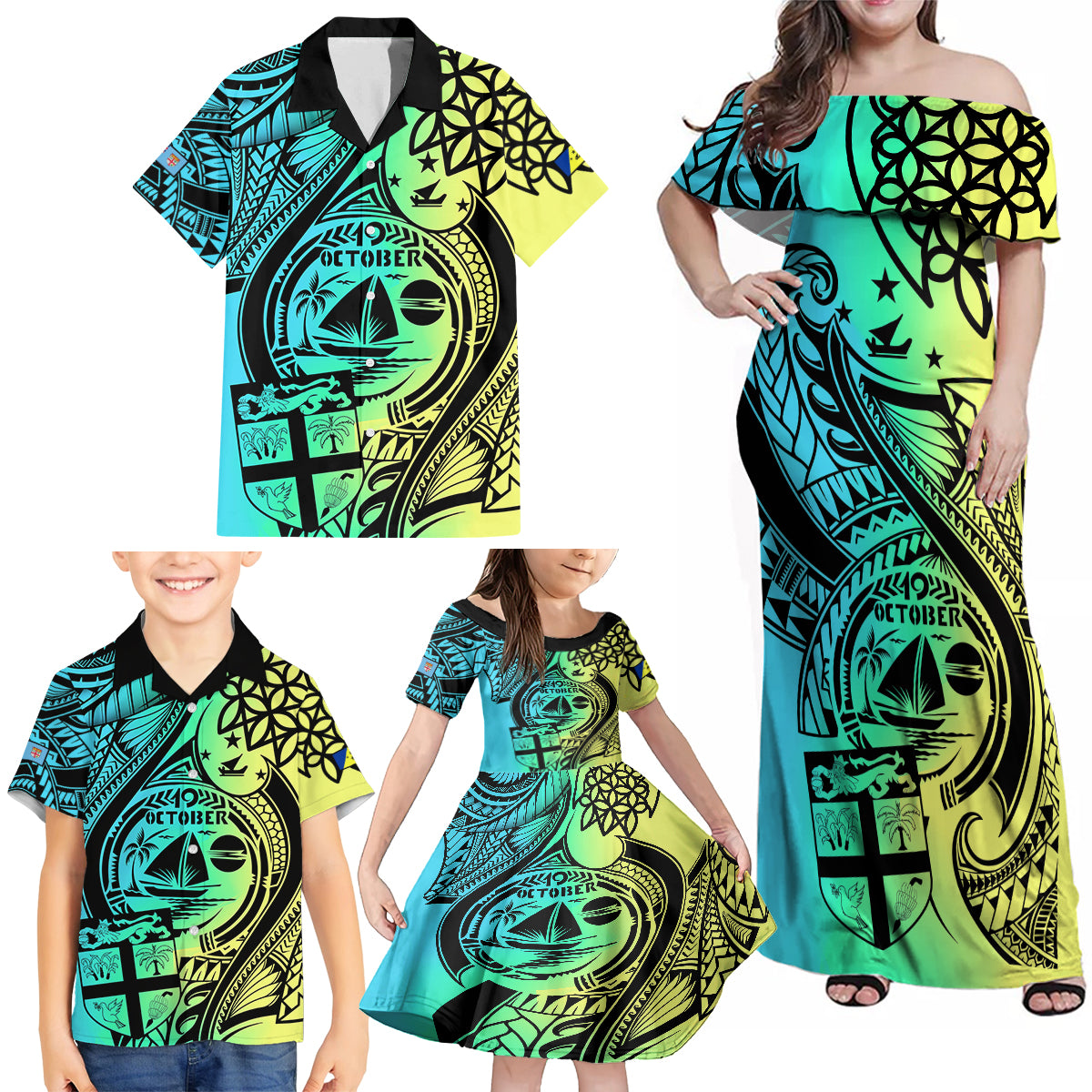 Personalised Malampa Fiji Day Family Matching Off Shoulder Maxi Dress and Hawaiian Shirt Vanuatu Sand Drawing With Polynesian Pattern LT9 - Polynesian Pride