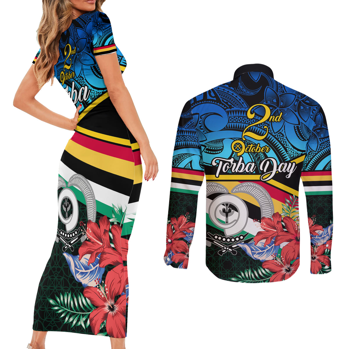 torba-vanuatu-couples-matching-short-sleeve-bodycon-dress-and-long-sleeve-button-shirts-sand-drawing-with-polynesian-pattern