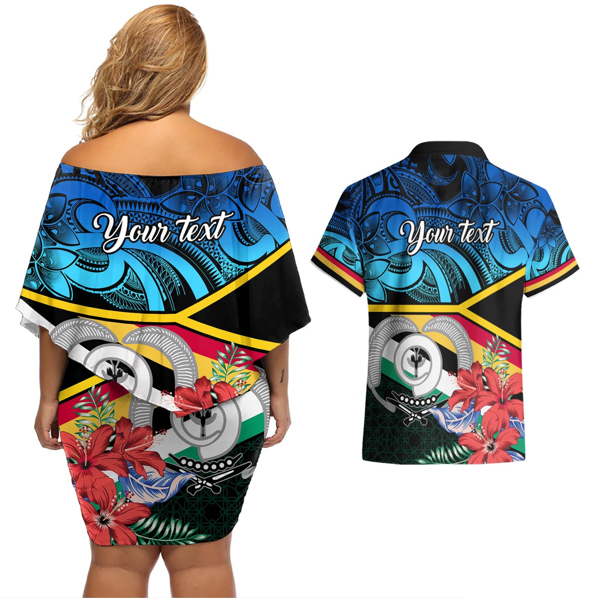 personalised-torba-vanuatu-couples-matching-off-shoulder-short-dress-and-hawaiian-shirt-sand-drawing-with-polynesian-pattern