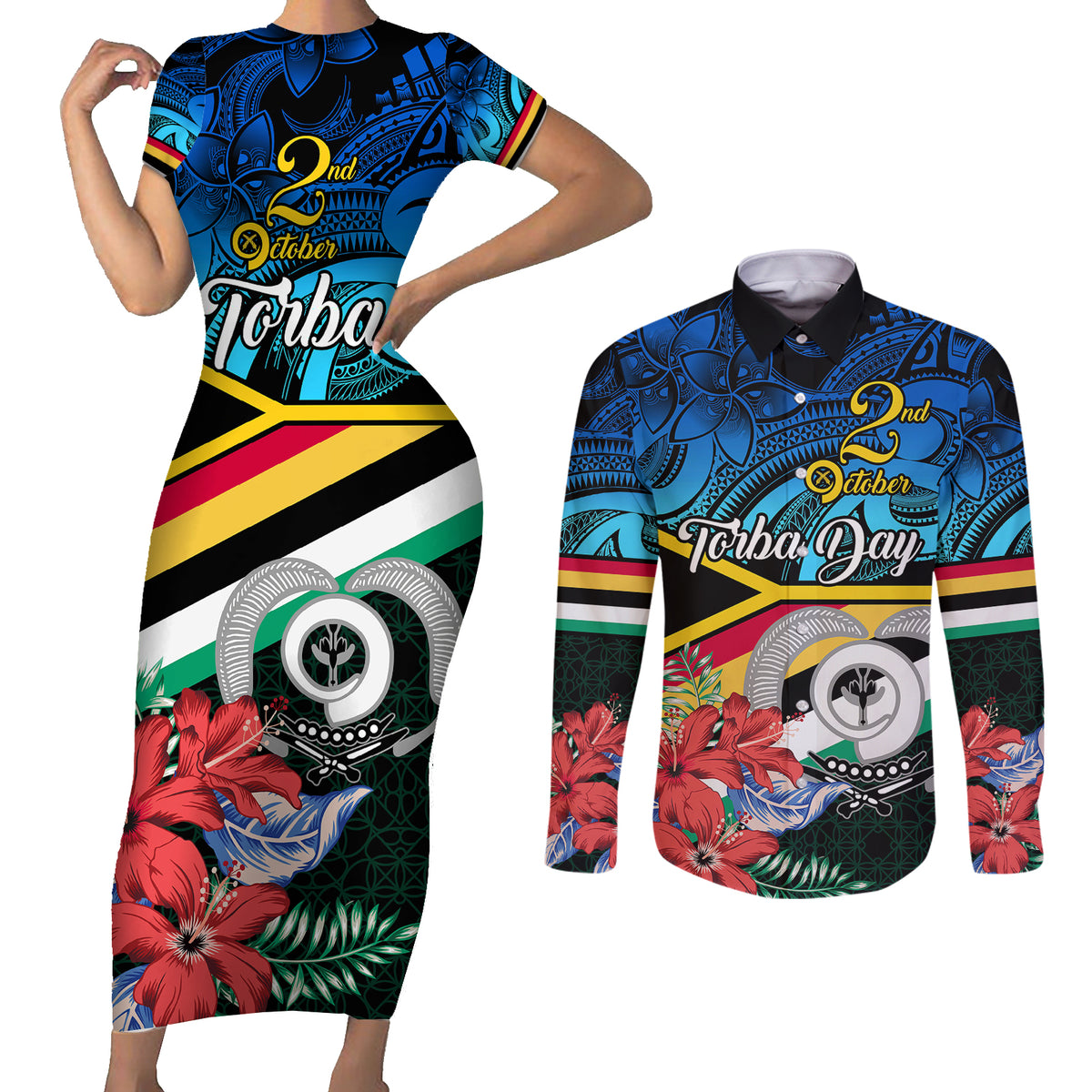 personalised-torba-vanuatu-couples-matching-short-sleeve-bodycon-dress-and-long-sleeve-button-shirts-sand-drawing-with-polynesian-pattern