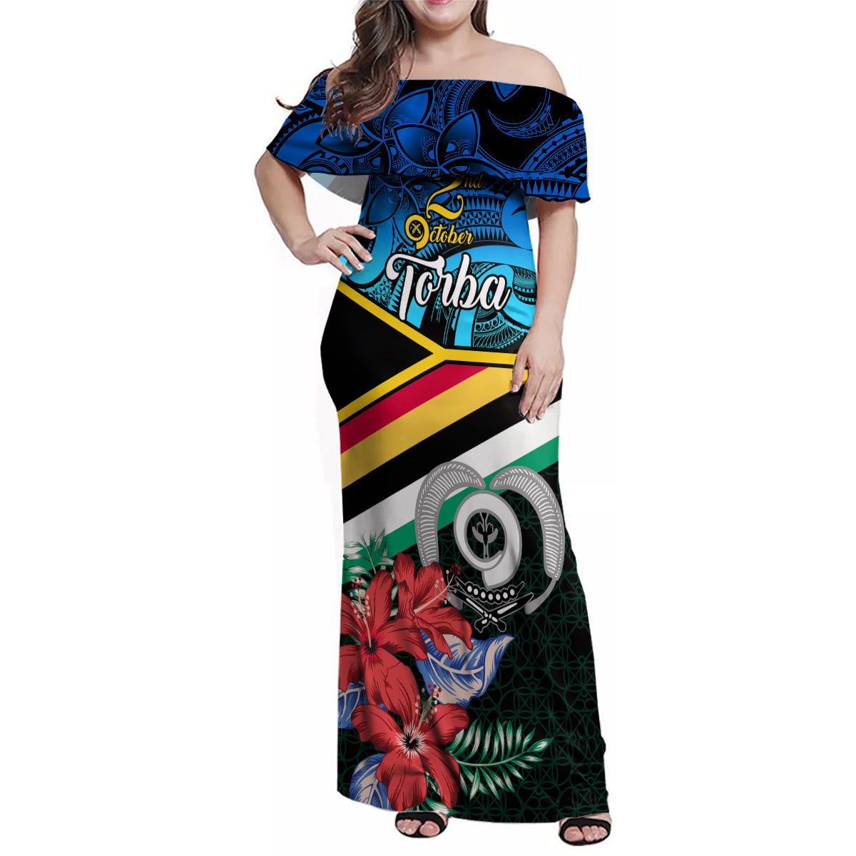 personalised-torba-vanuatu-family-matching-off-shoulder-maxi-dress-and-hawaiian-shirt-sand-drawing-with-polynesian-pattern