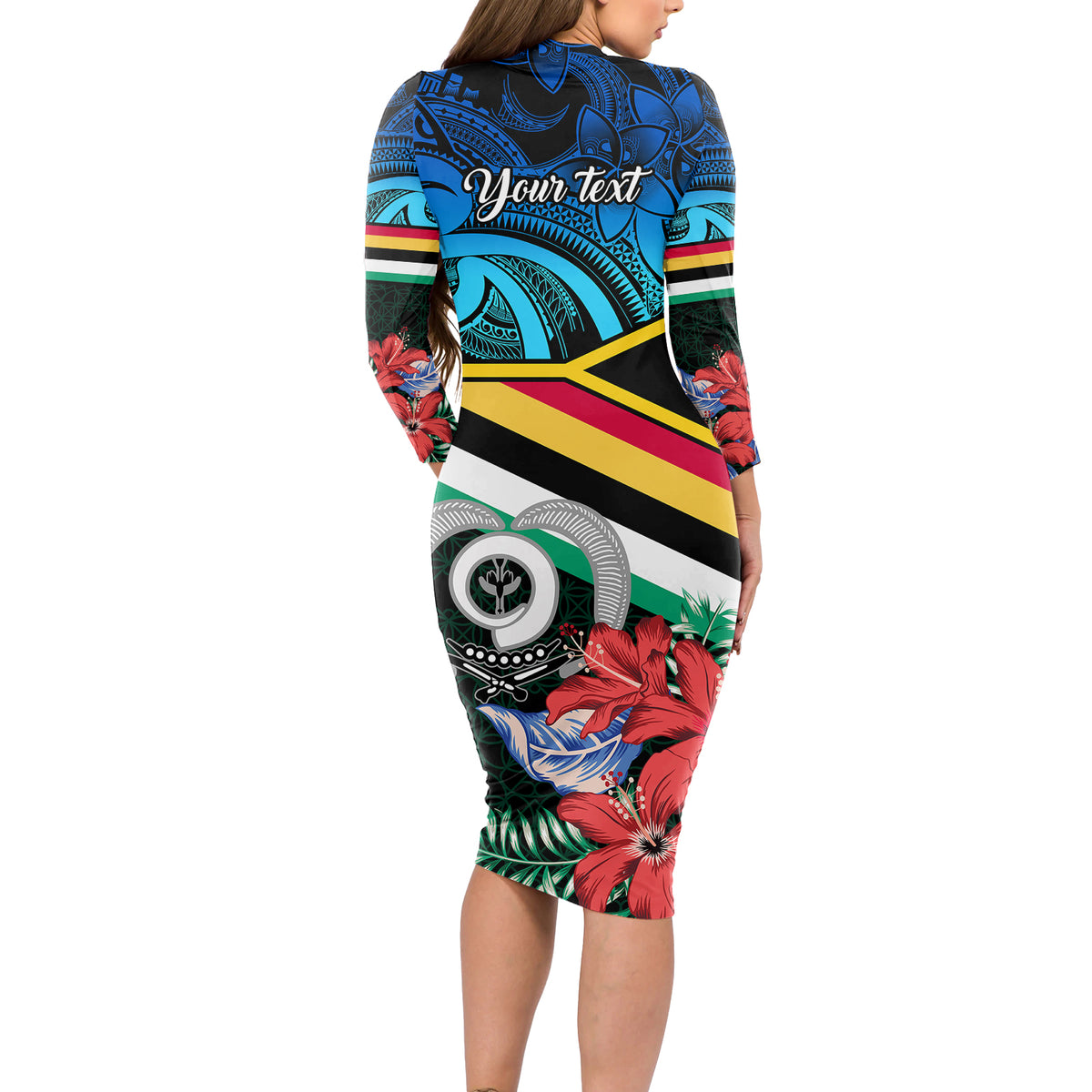 personalised-torba-vanuatu-long-sleeve-bodycon-dress-sand-drawing-with-polynesian-pattern