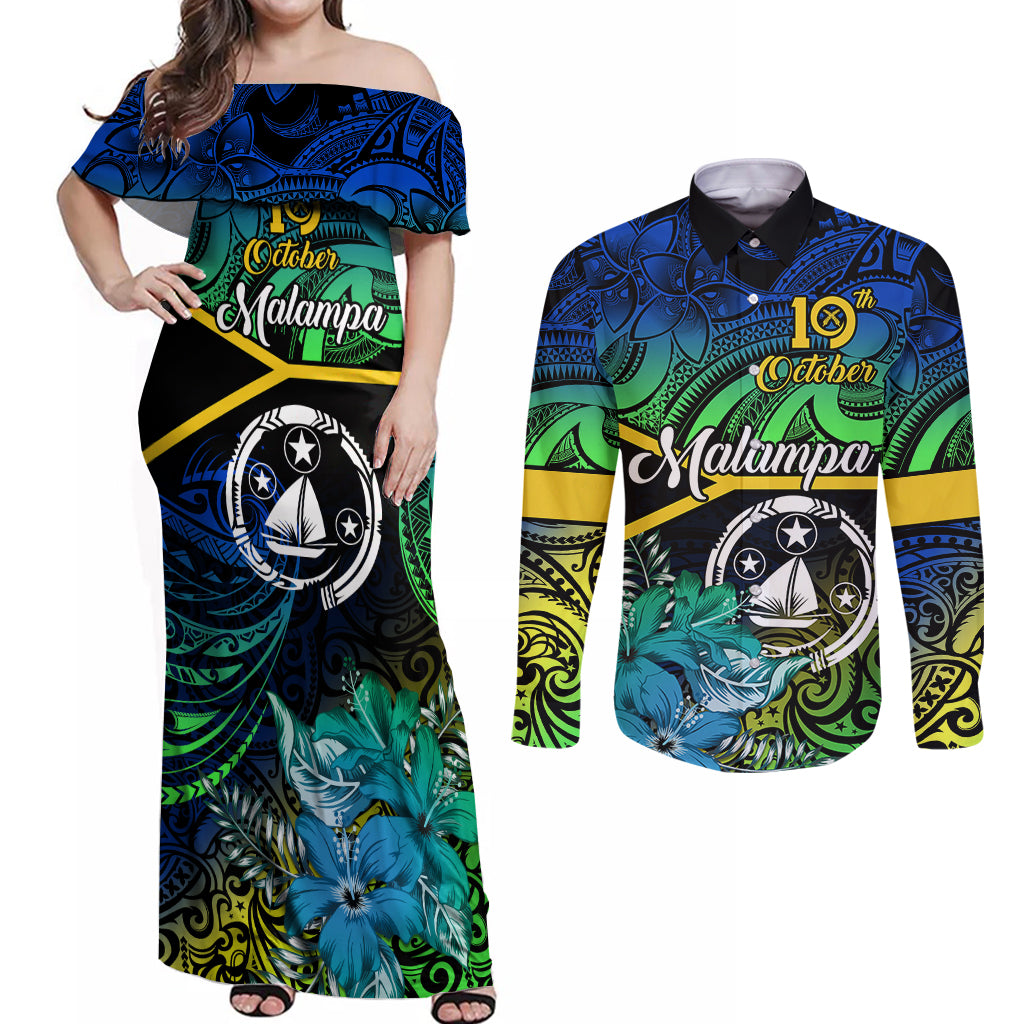 malampa-day-couples-matching-off-shoulder-maxi-dress-and-long-sleeve-button-shirts-vanuatu-flowers-with-malampa-emblem-tribal-pattern
