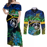 malampa-day-couples-matching-off-shoulder-maxi-dress-and-long-sleeve-button-shirts-vanuatu-flowers-with-malampa-emblem-tribal-pattern