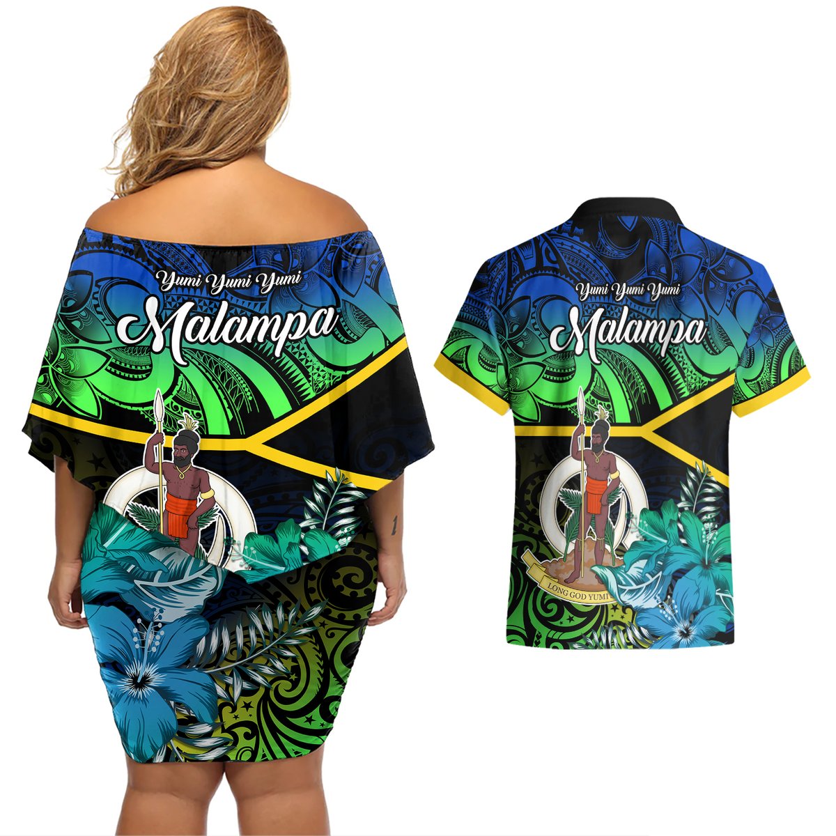 malampa-day-couples-matching-off-shoulder-short-dress-and-hawaiian-shirt-vanuatu-flowers-with-malampa-emblem-tribal-pattern