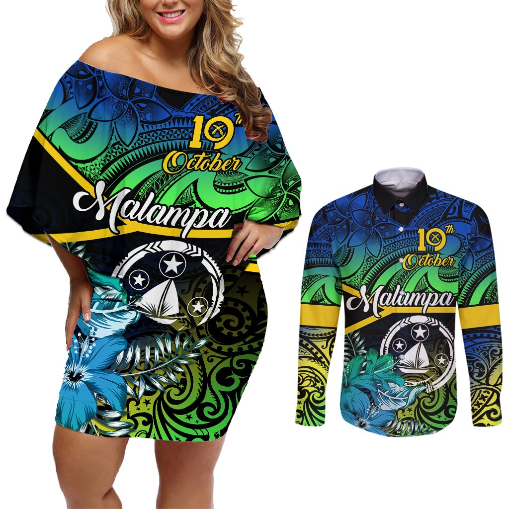 malampa-day-couples-matching-off-shoulder-short-dress-and-long-sleeve-button-shirts-vanuatu-flowers-with-malampa-emblem-tribal-pattern