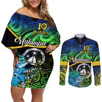 malampa-day-couples-matching-off-shoulder-short-dress-and-long-sleeve-button-shirts-vanuatu-flowers-with-malampa-emblem-tribal-pattern