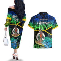 malampa-day-couples-matching-off-the-shoulder-long-sleeve-dress-and-hawaiian-shirt-vanuatu-flowers-with-malampa-emblem-tribal-pattern