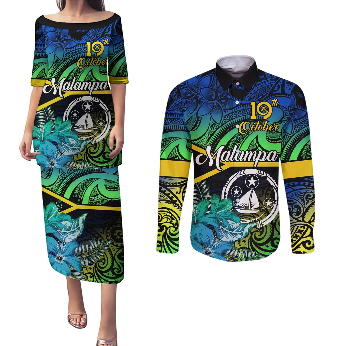 malampa-day-couples-matching-puletasi-dress-and-long-sleeve-button-shirts-vanuatu-flowers-with-malampa-emblem-tribal-pattern