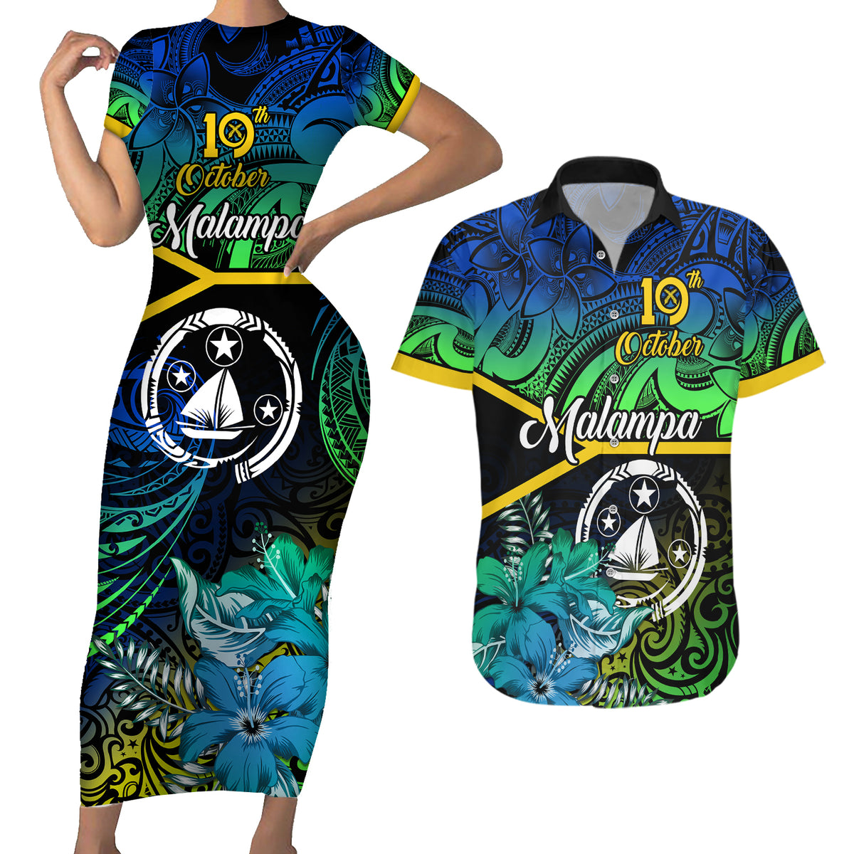 Malampa Day Couples Matching Short Sleeve Bodycon Dress and Hawaiian Shirt Vanuatu Flowers with Malampa Emblem Tribal Pattern LT9 Black - Polynesian Pride