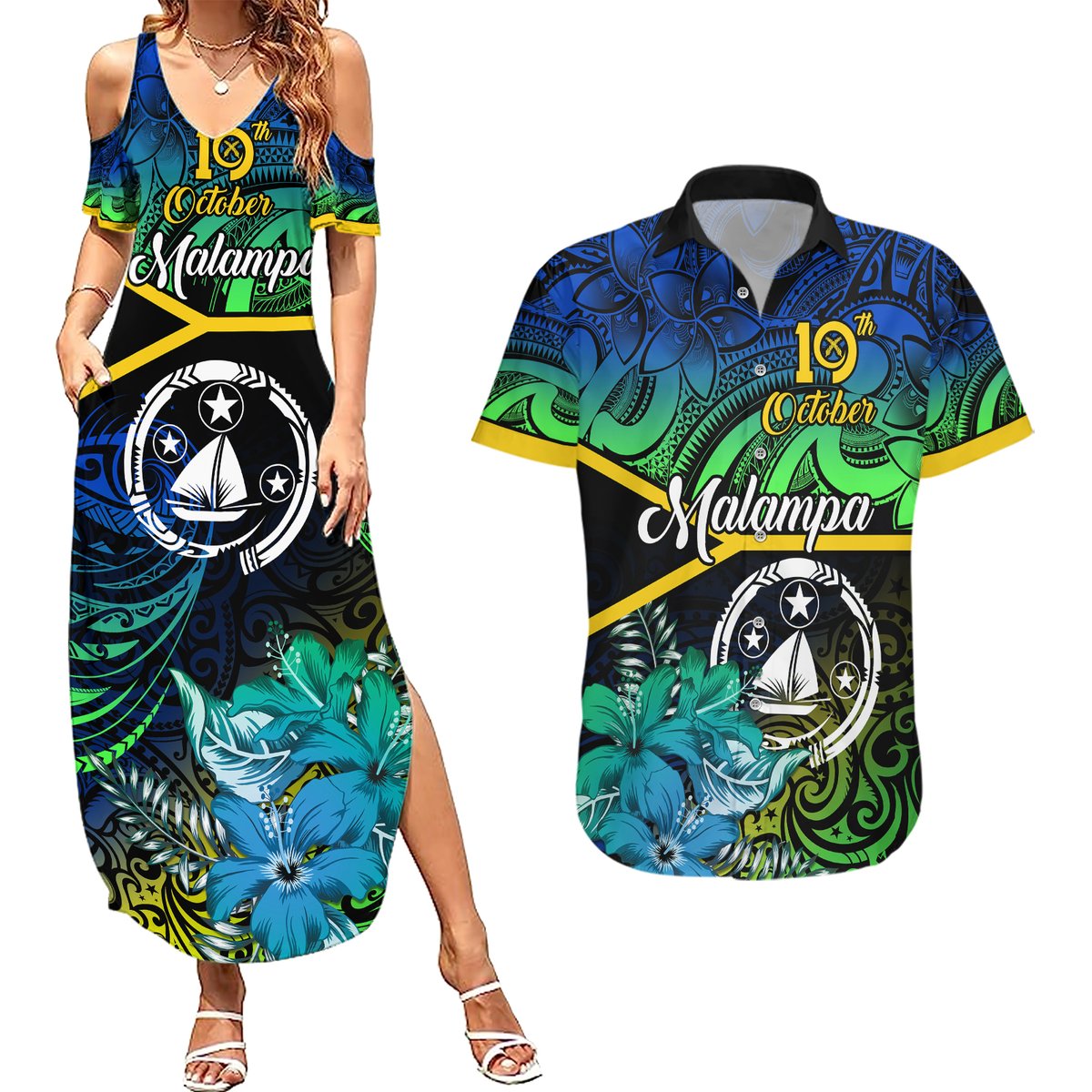 malampa-day-couples-matching-summer-maxi-dress-and-hawaiian-shirt-vanuatu-flowers-with-malampa-emblem-tribal-pattern
