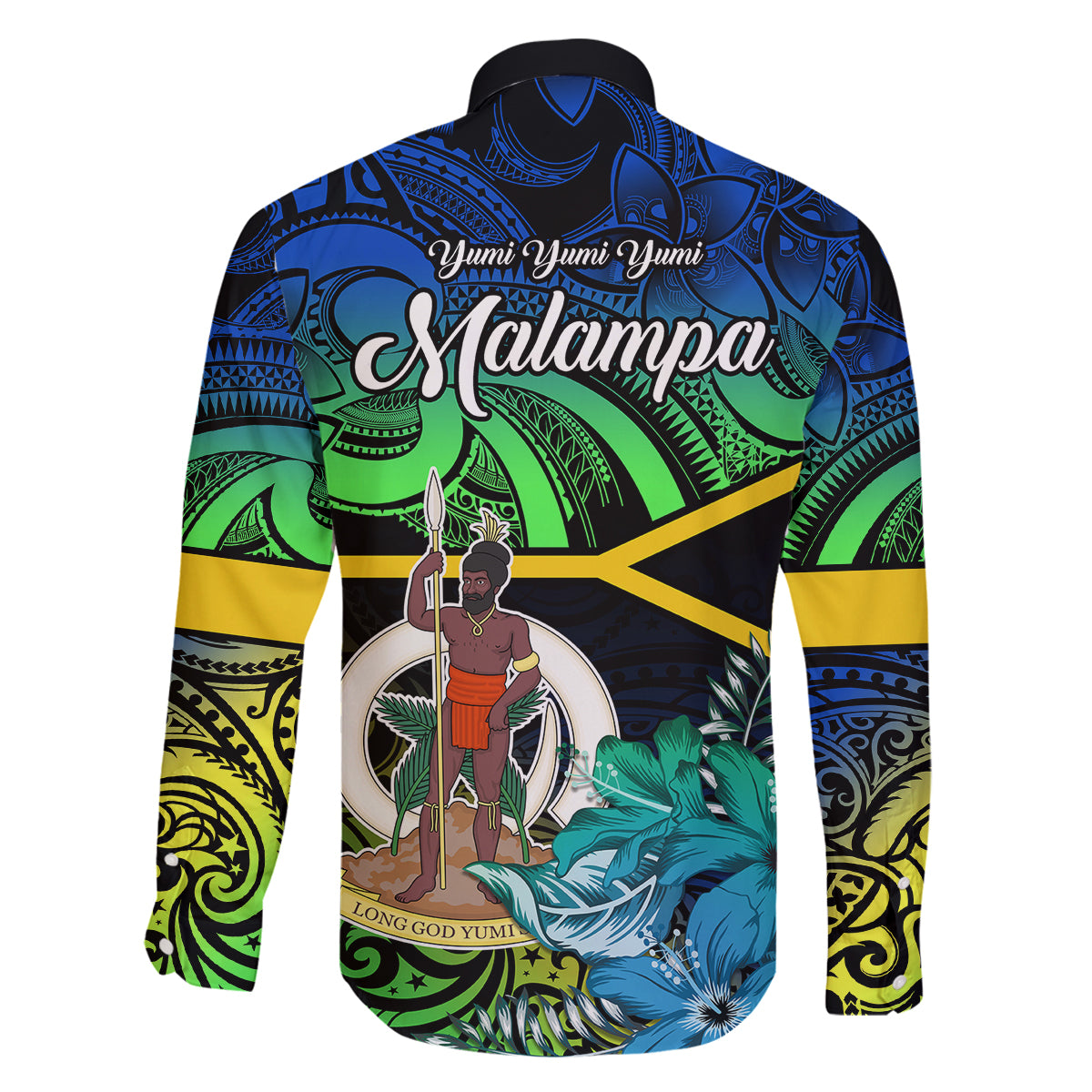 malampa-day-family-matching-off-shoulder-long-sleeve-dress-and-hawaiian-shirt-vanuatu-flowers-with-malampa-emblem-tribal-pattern