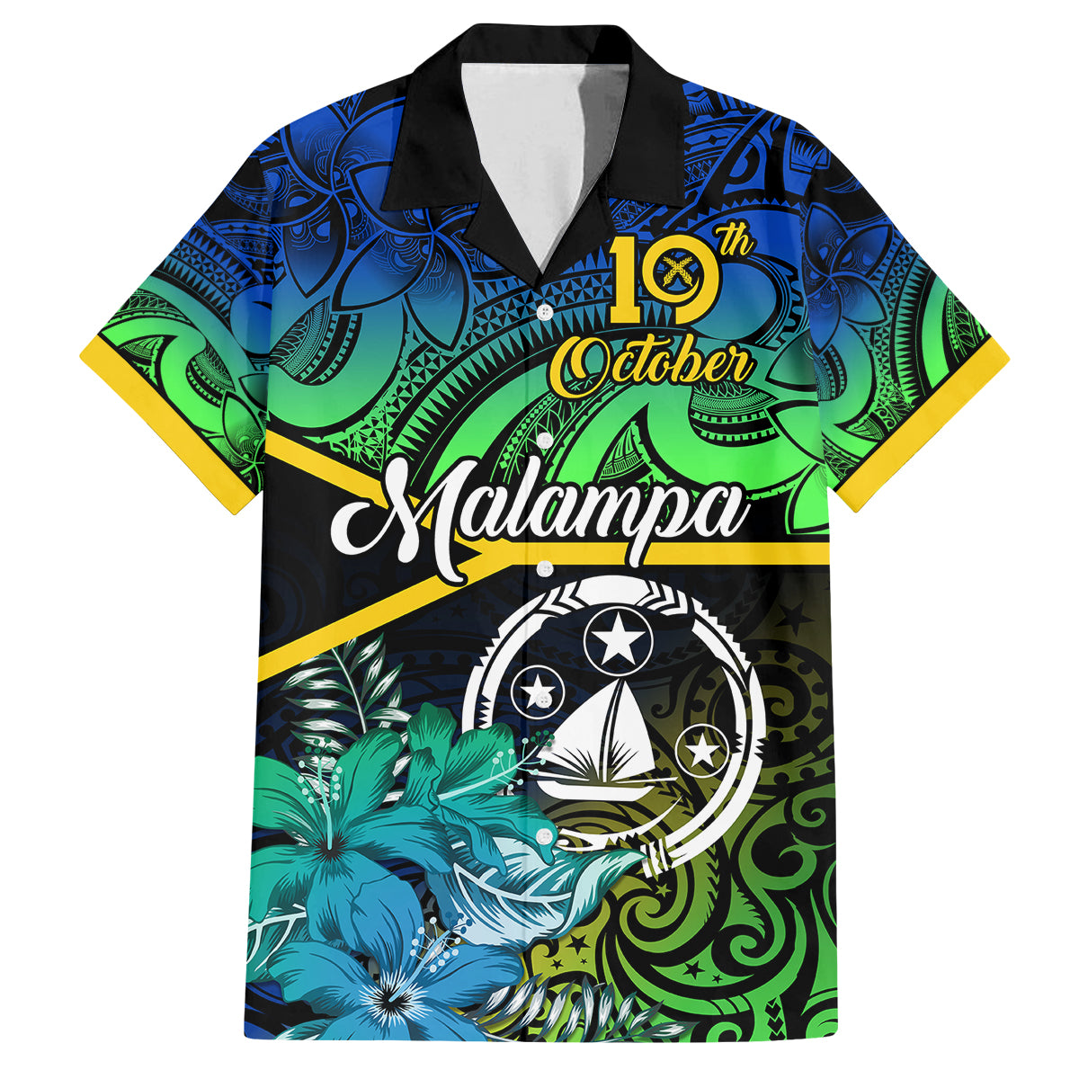 Malampa Day Family Matching Tank Maxi Dress and Hawaiian Shirt Vanuatu Flowers with Malampa Emblem Tribal Pattern LT9 Dad's Shirt - Short Sleeve Black - Polynesian Pride