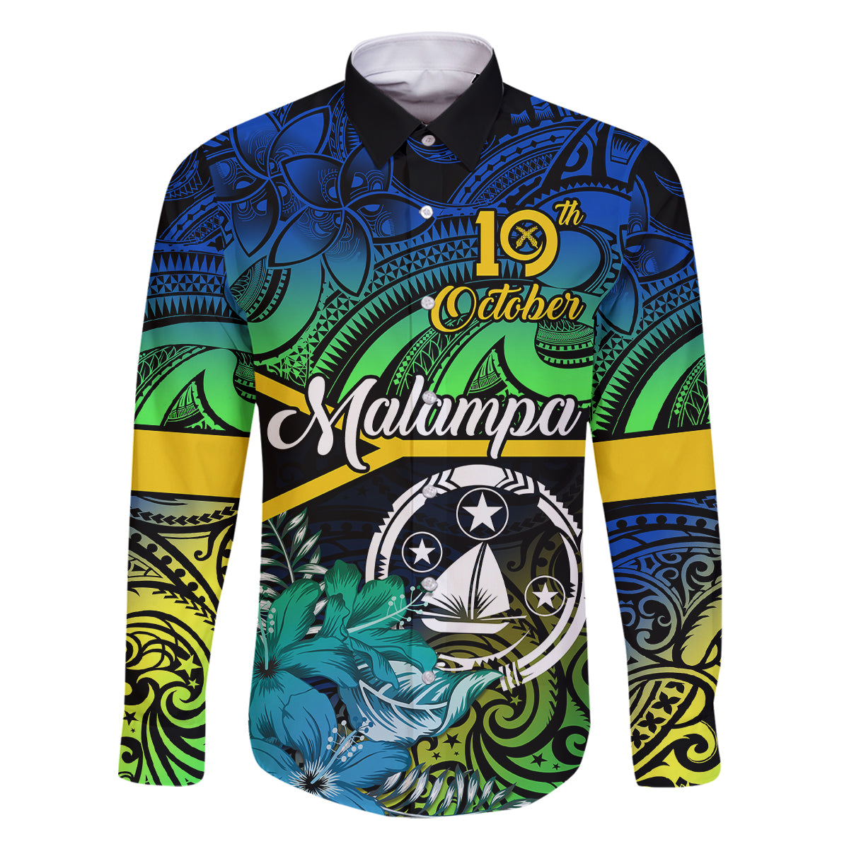 Malampa Day Family Matching Tank Maxi Dress and Hawaiian Shirt Vanuatu Flowers with Malampa Emblem Tribal Pattern LT9 Dad's Shirt - Long Sleeve Black - Polynesian Pride