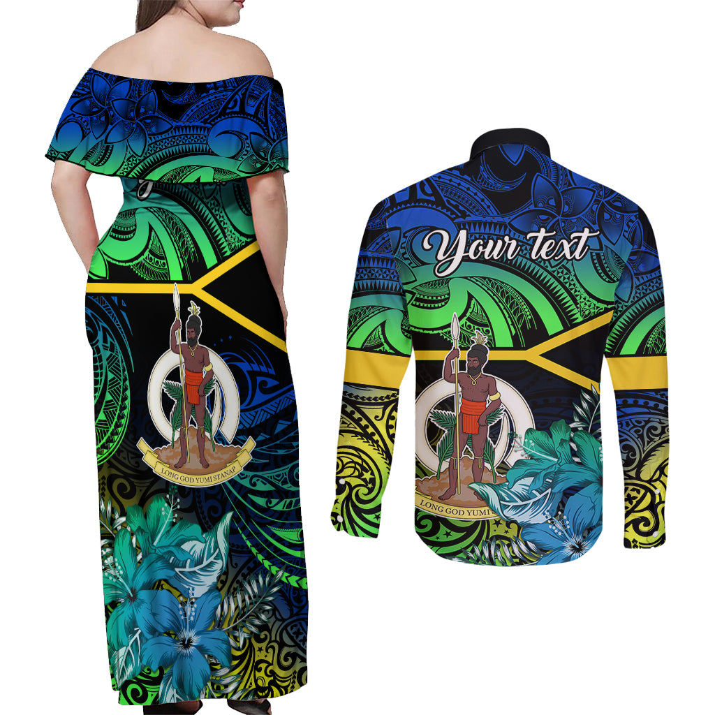 personalised-malampa-day-couples-matching-off-shoulder-maxi-dress-and-long-sleeve-button-shirts-vanuatu-flowers-with-malampa-emblem-tribal-pattern